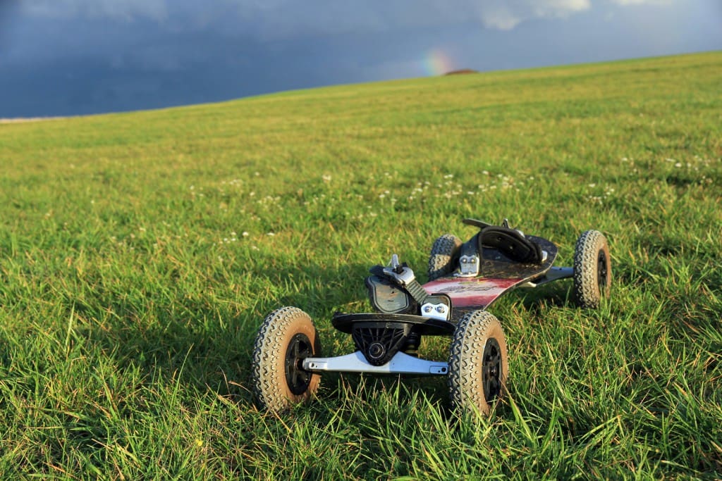 Mountainboard on green field