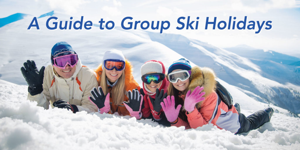 Four happy skiers in the snow with text: a guide to group ski holidays