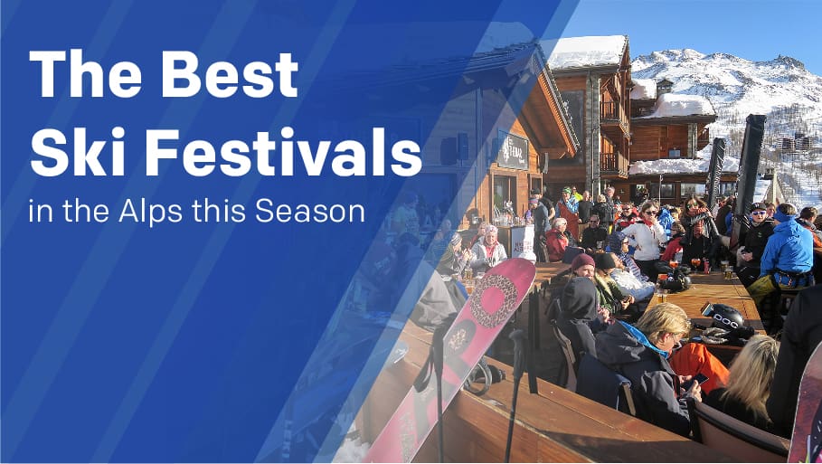 The best ski festivals banner - text and a busy bar on the mountain