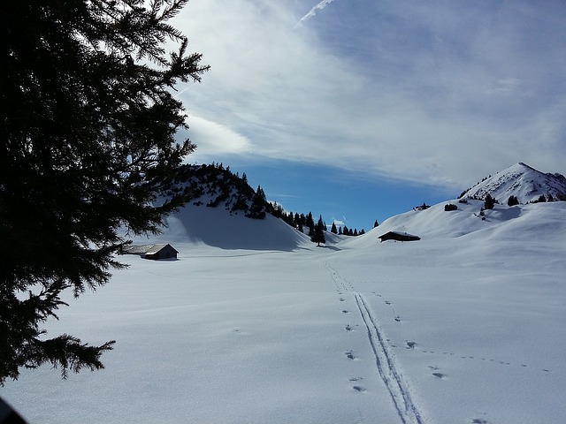 footprints walking up snowy mountains
