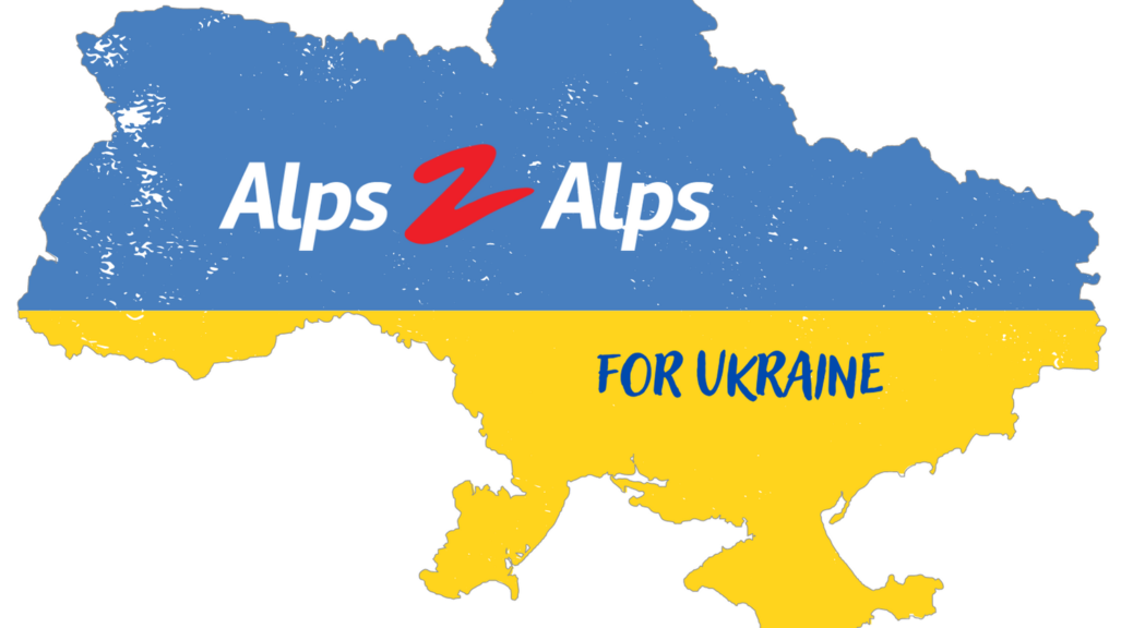 Blue and yellow map of Ukraine with words "Alps2Alps for Ukraine"
