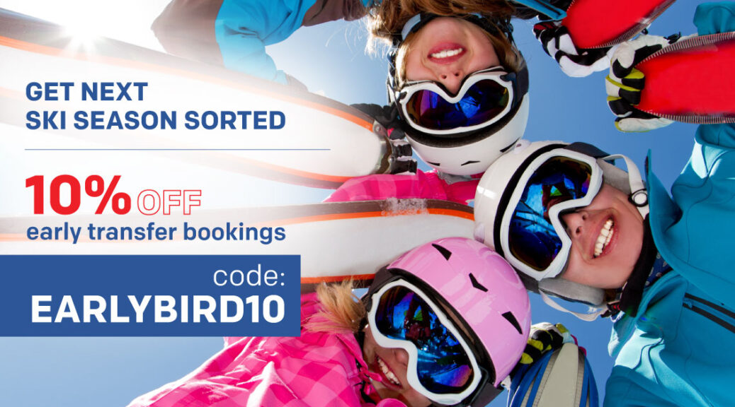 Early bird ski transfer offer banner with three people wearing ski goggles