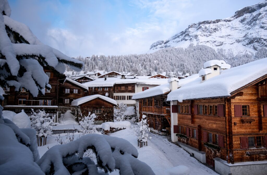 Snowy Alpine village with snow-capped chalets