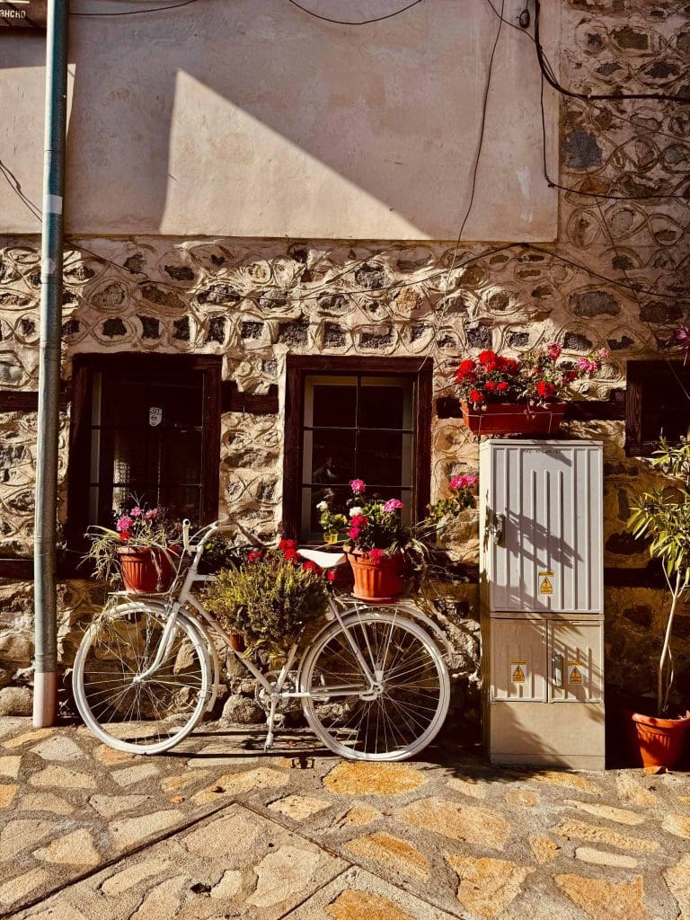 Flower pots on a bike against a stone wall - Bansko in the summer months