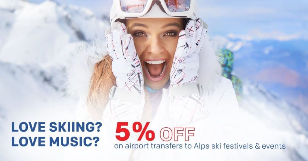 Ski deal banner for Alps ski festivals with woman with a shocked but happy expression. 